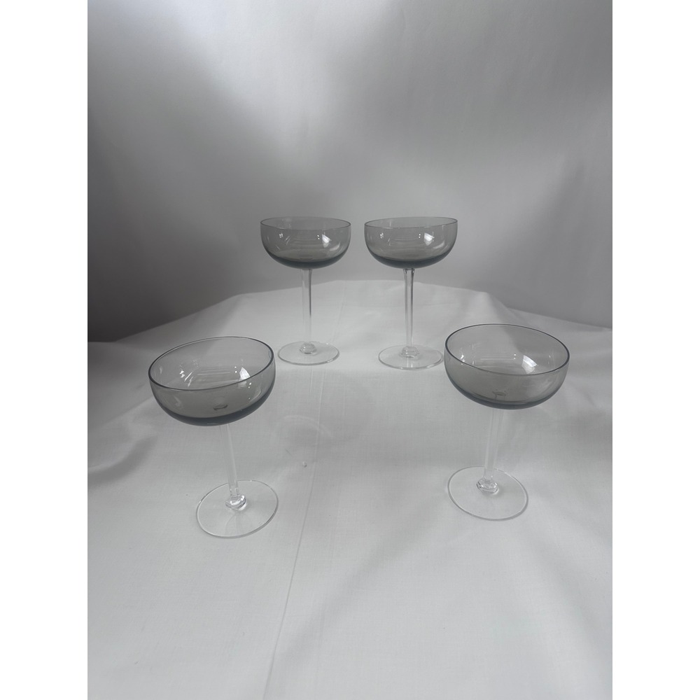 4 Grey MCM Tinted Champagne Coupe Glasses Clear Stem Retro Style 5 7/8"